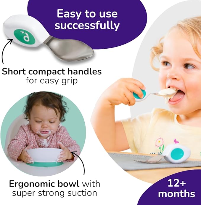 doddl Toddler Utensils, Ergonomic Fork and Spoon Set for Self Feeding, Stainless Steel Silverware for 1-3 Year Olds, BPA Free, Dishwasher Safe (Aqua + Bowl)
