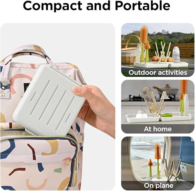 Travel Bottle Brush with Portable Bottle Drying Rack, Baby Bottle Brush for Baby Travel Essential, White