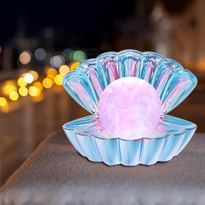 Shell Pearl Beach Themed Night Light, RGB 8 Colors Changing Mood Shell Pearl Lamps, Bedside LED Clamshell Portable Night Lights for Bar (Electroplating Blue)