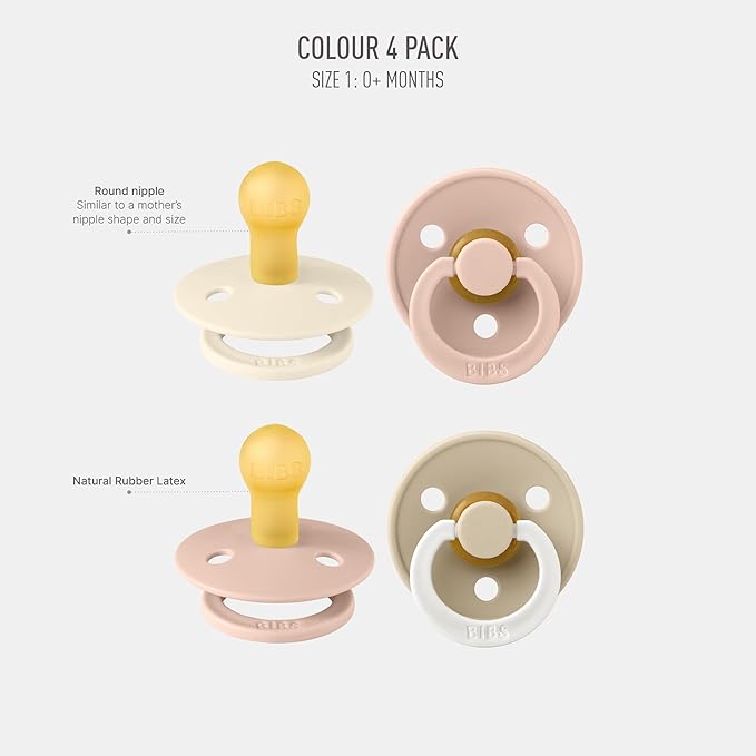 BIBS Colour Soother 4-Pack | BPA Free Dummy Pacifier | Round Nipple | Natural Rubber Latex | Made in Denmark | Size 0-6 Months | Blush Glow Mix