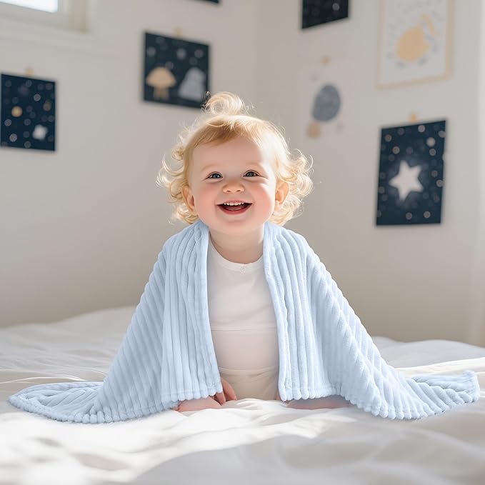 Soft Fleece Baby Blanket Ultra Cozy Blue Baby Blankets for Boys Warm and Lightweight Infant Toddler Newborn Receiving Gift with Reversible Stripes for Crib Stroller, 30x40 Inch, Light Blue