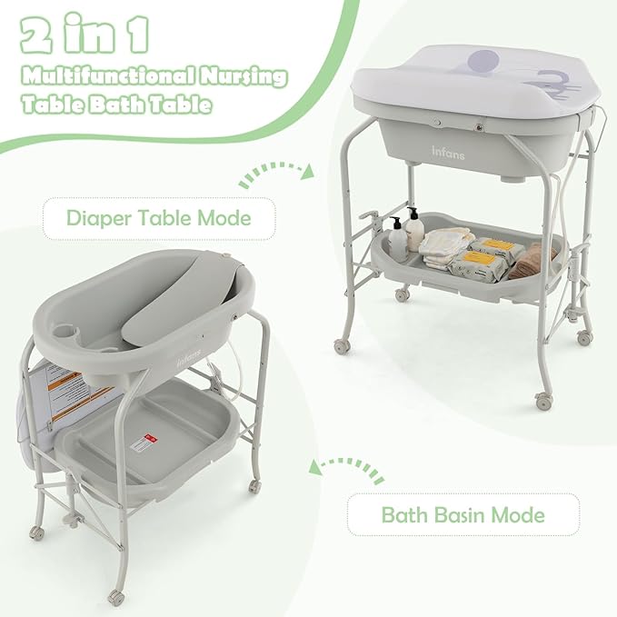 INFANS 2 in 1 Baby Changing Table with Bath Tub Unit, Folding Diaper Dresser Station with Wheels Waterproof Pad Storage Rack, Portable Nursery Organizer Stand for Newborn Infant (Light Grey)