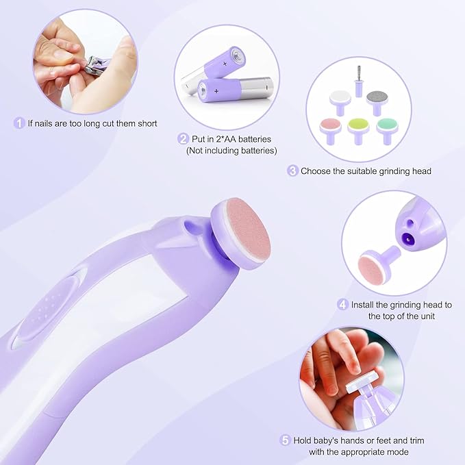Baby Nail Trimmer Electric, 6 in 1 Baby Nail File Clippers Infant Grooming Kit Manicure Set for Toddler or Adults, Purple