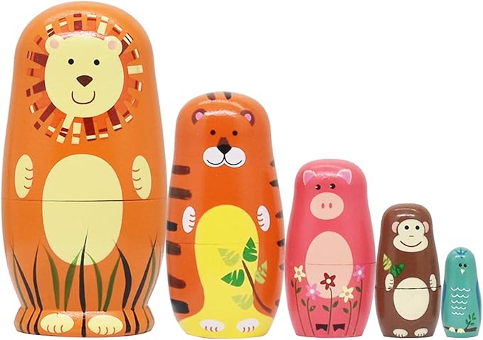 Tphon Russian Nesting Dolls Wooden Matryoshka Dolls for Kids Handmade Cute Cartoon Animals Pattern Nesting Doll Toy Stacking Doll Set of 5