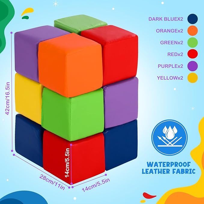 Civaner 12 Pcs Foam Building Blocks for Kids 5.51 Inch Colorful PU Leather Foam Counting Cubes Stacking Block Sets Building Throwing Toys for Toddler Math Preschool Learning Birthday Gift