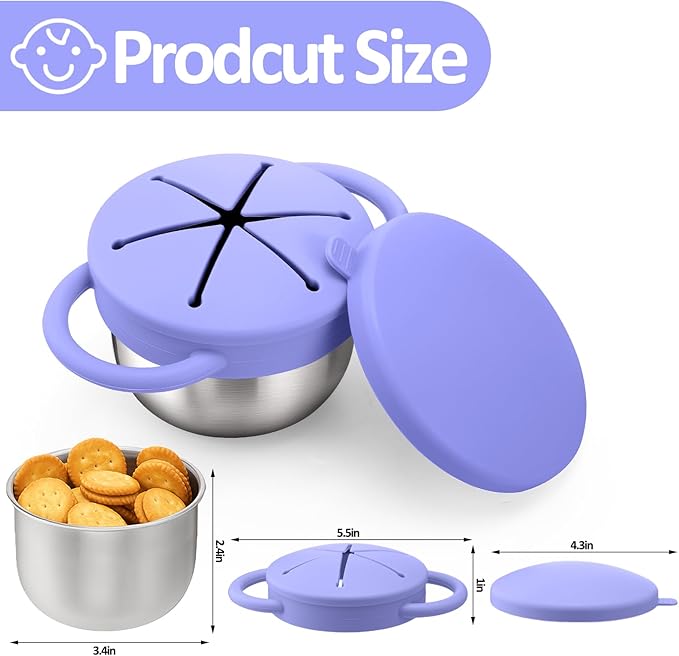 BUSOHA 2 Pack Stainless Steel Toddler Snack Cups - 9 OZ Spill-Proof Baby Snack Containers with Lid Travel Snack Containers for Kids Food Grade Silicone Dishwasher Safe