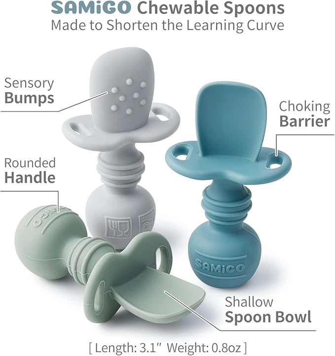 SAMiGO Silicone Baby Utensils - Self Feeding Spoons and Tiny Training Cup - First Stage Baby Led Weaning Supplies for 6 Months+ Infants - Set of 3