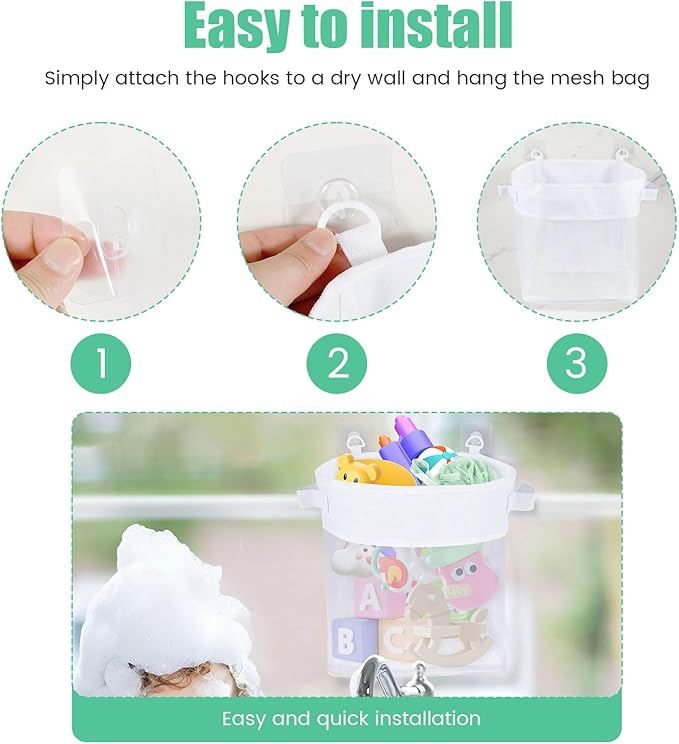 4Pcs Bath Toy Organizer with 8 Hooks Large Capacity Bathtub Toy Storage Organizer with Handles and Bottom Zippers for Storage and Classification