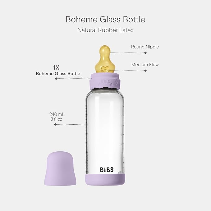 BIBS Boheme Baby Glass Bottle 8 oz /240 ml. Anti-Colic. Round Natural Rubber Latex Nipple. Supports Natural Breastfeeding - Violet Sky
