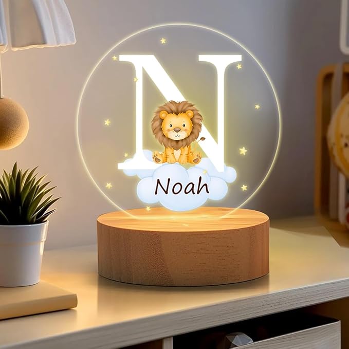 callie Acrylic Night Light Name Plate Personalized, Custom Cute Forest Animals with Wooden Base Bedroom Decor, Birthday Gifts Christmas Gifts for Family