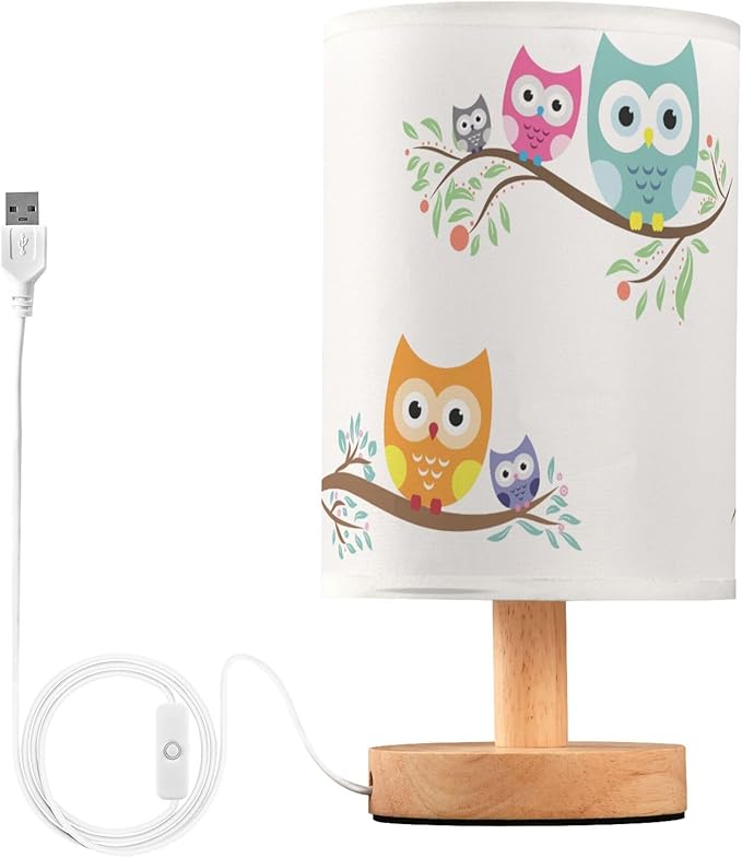 Table Lamp Cute Cartoon Owl with Baby Child on Tree Branch Nightstand Lamp with Wood Base Fabric Lamp Shade Bedside Desk Lamp for Living Room Bedroom Kids Room Office