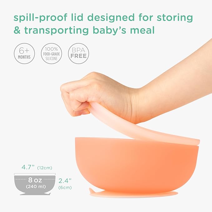 Olababy 100% Silicone Suction Bowl with Lid for Independent Feeding | First Stage Self Feeding Essential for Toddlers and Kids| Baby Led Weaning Snack Feeder | Food Container and Storage | (Kiwi)