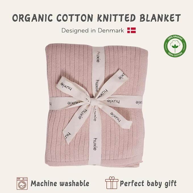 Knitted Organic Cotton Baby Blanket- Swaddle Blanket, 30" x 40" Soft Receiving Blanket for Newborn (Ribbed-Blush)