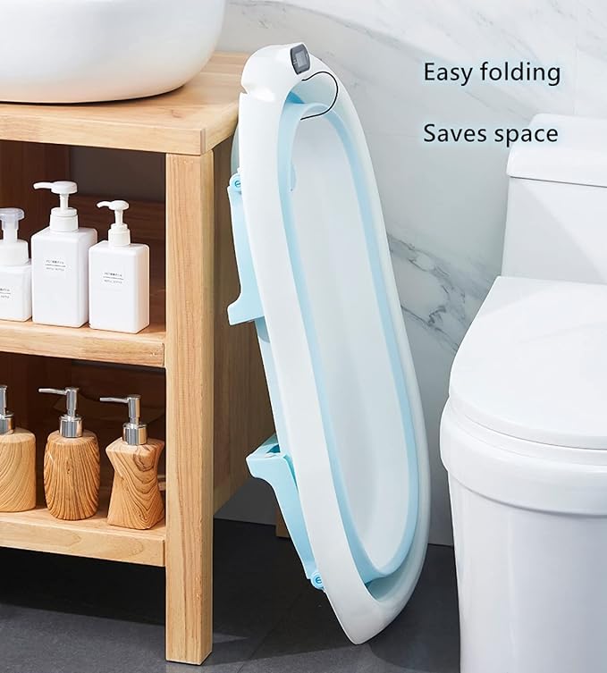 Foldable Baby Bath Tub,Newborn Baby Tub with Soft Bath Mat and Real Time Water Temperature Display(Blue Bath Tub + Bath Mat)