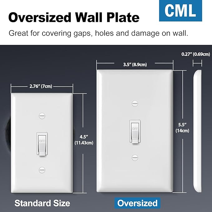 CML Jumbo Toggle Light Switch Plate Covers, 6 Pack Oversized Electrical Wall Plates, 1-Gang White Switch Plates, Over-Size 3.5” x 5.5”, Impact Resistant, ETL Listed