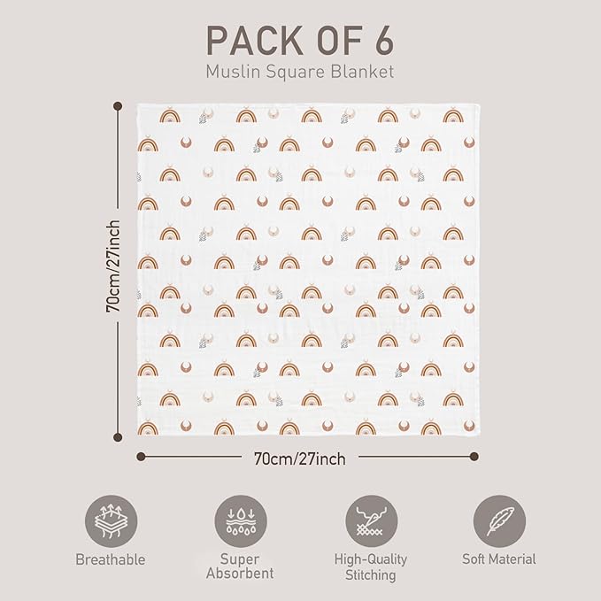 GLLQUEN BABY Receiving Blanket Boy Cotton Muslin Swaddle Blankets Girl Newborn Squares Breathable & Soft Thin Baby Blankets Cloths Double Absorbent Infant Swaddling Wrap - 6 Pack (Sun)