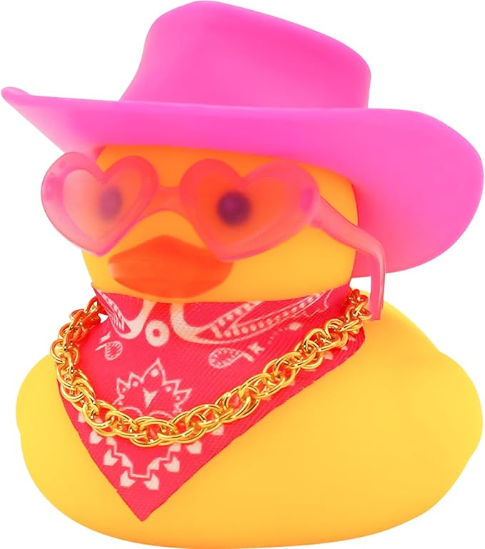 Quackly Pink Cowboy Rubber Duck, Car Dashboard Decoration Ducks with Cowboy Hat Necklace Sunglasses, Pink