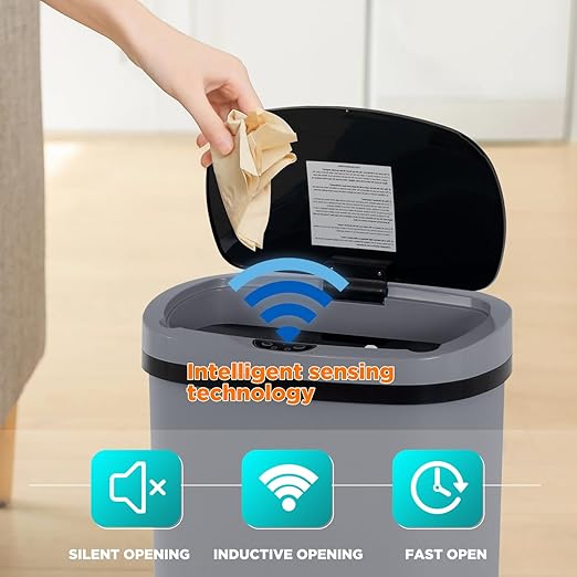 BestOffice | 13 Gallon Plastic Trash Can with Lid | Gray | Automatic Touchless Garbage Can | Odor Control | Modern Oval Design | Easy to Clean | Fits Any Kitchen, Bathroom, Office or Home