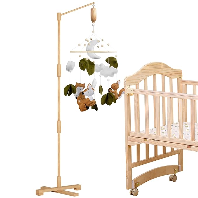 FEISIKE Baby Crib Mobile Arm with Music Box Spin Motor 3In1 Set-Squirrel Baby Mobile for Cirb, 57.4 Inch Mobile Arm for Crib Wooden Nursery Decor Hanger Holder