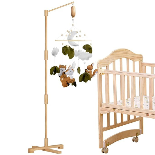 FEISIKE Baby Crib Mobile Arm with Music Box Spin Motor 3In1 Set-Squirrel Baby Mobile for Cirb, 57.4 Inch Mobile Arm for Crib Wooden Nursery Decor Hanger Holder