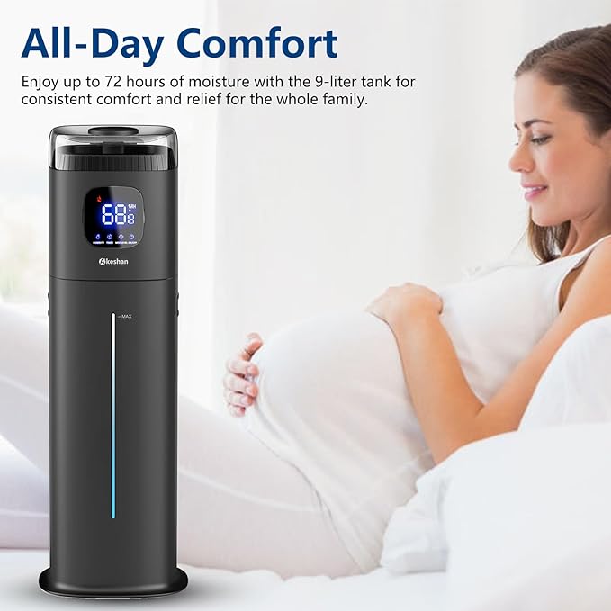 Large Humidifiers for Bedroom, 9L/2.5Gal Ultrasonic Cool Mist, Easy Clean Humidifier with 350ML/H Large Mist Speed, Quiet, Suitable for Kids Room Plant Yoga (Square W)
