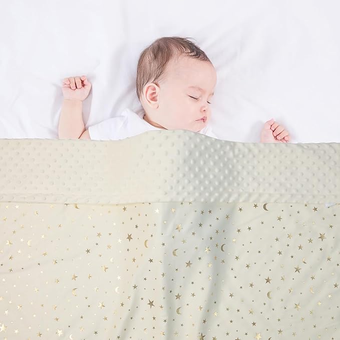 Baby Blanket for Boys Girls Soft Minky with Double Layer Dotted Backing, Star and Moon Printed 30 x 40 Inch Receiving Blanket (Beige)