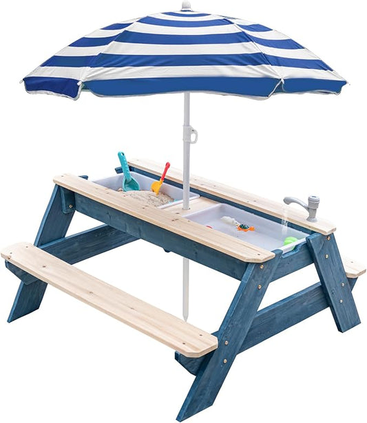 Kids 3-in-1 Sand & Water Activity Table, Wood Outdoor Convertible Picnic Table, 2 Play Boxes, Removable Top with Faucet, Picnic Table for Outdoor Backyard Patio Play (Blue/Navy)