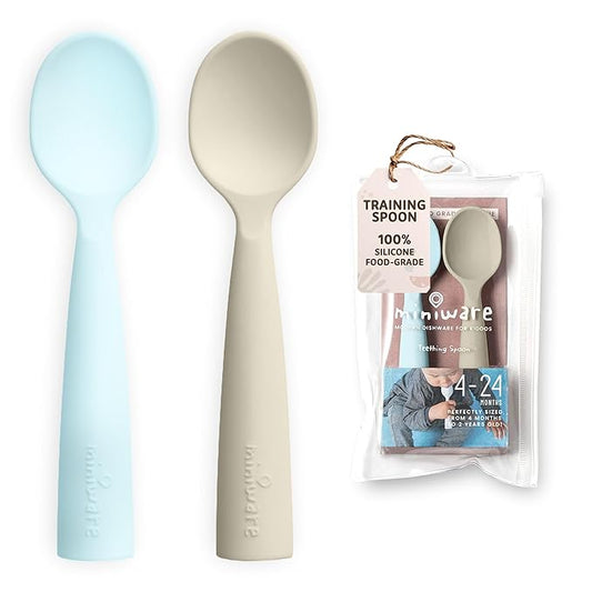 Miniware Silicone Baby Spoon for Training - BPA Free Baby Utensils - Baby Spoons Self Feeding 6 Months | 100% Food Grade Silicone - Modern & Dishwasher Safe Toddler | Dishwasher Safe (Aqua and Oat)