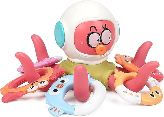 Octopus Ring Toss Bath Toy, Bathtub Ring Toss Game Interactive Sensory Toy with 5 Rings-Octopus, Crab, Pufferfish, Seal and Manta Ray