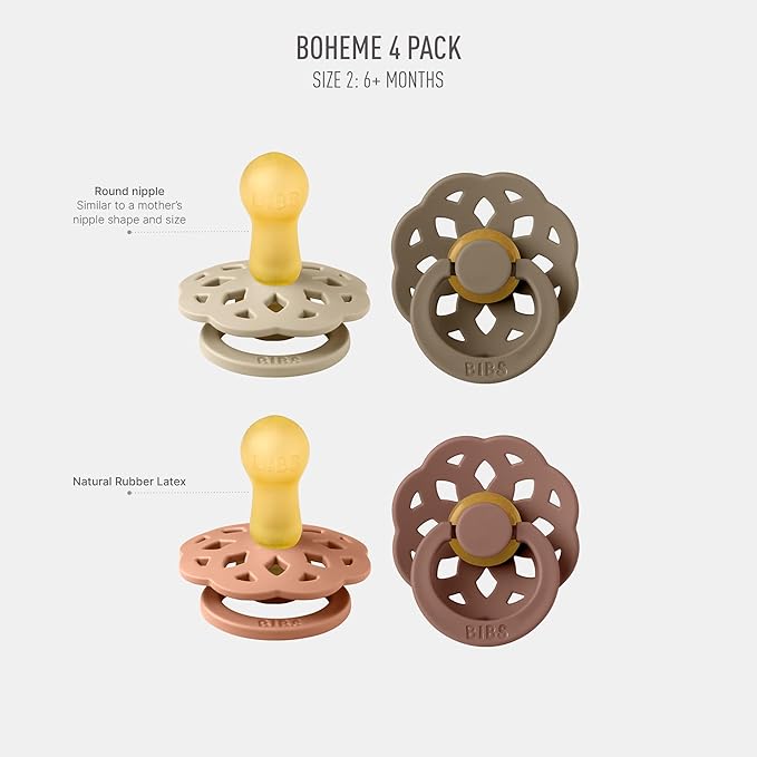 BIBS Boheme Soother 4-Pack | BPA Free Dummy Pacifier | Round Nipple | Natural Rubber Latex | Made in Denmark | Size 6-18 Months | Peach Mix