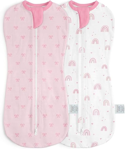 Baby Swaddle 0-2 Months, Cotton Arm-In Zipper Sleep Sack, Wearable Blankets Wrap for Newborn Infant Girls (Bow, Rainbow, Pack of 2)