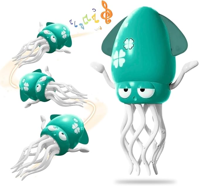 Dancing Octopus Toy Magic Electric Playful Tummy Time Toy, Auto Evasion Crawling Dancing Octopus with Fishing Rod for Baby Toddlers for 3 4 5 6 Year Old Kids Boy Girl Birthday Gifts (Green)