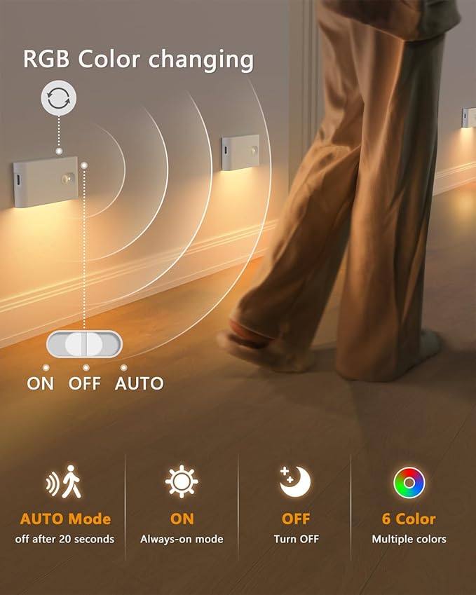 WILLED Motion Sensor Lights Indoor,RGB & Warm White Motion Sensor Night Light,Wireless Color Changing Stair Lights Indoor for Kids' Room,Stair,Bathroom,Hallway,Kitchen,Bedroom,Closet,Cabinet 8PC