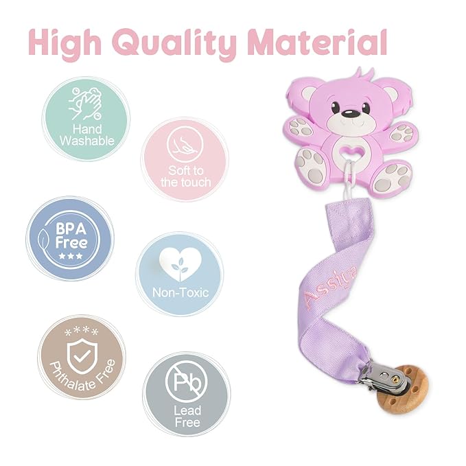 TYRY.HU Personalized Pacifier Clip with Name, Embroidery Pacifier Holder for Baby Girls and Boys, Neutral Binky Clips Universally Fit All Pacifiers & Baby Toys, Baby Gift, 2 Pack(Pink,Purple)