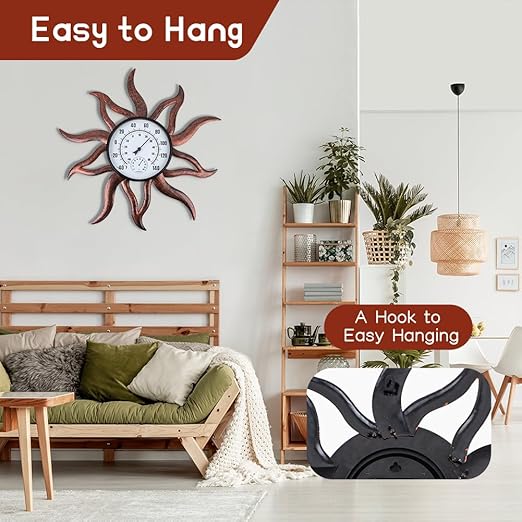 26'' Large Outdoor Thermometer, Premium Metal Sun Wall Thermometer Hygrometer No Need Battery, Decorative Indoor Outdoor Thermometer for Patio, Backyard, Garden, Living Room (Retro)