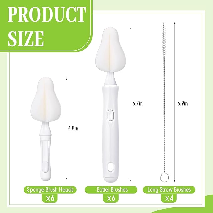 22 Pcs Sponge Bottle Nipple Brushes Set Including 12 Pcs Bottle Sponge Brush Heads 6 Interchangeable Nipple Brush Handles and 4 Long Straw Brushes for Baby Bottles(White Handle)