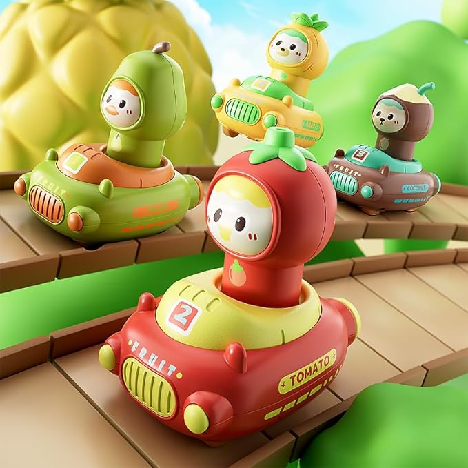 4 Pack Press and Go Cars Toys for Toddlers 1-3, 1-2 Year Old Baby Racing Cars, Infant Play Vehicle Set, Push Go Friction Car Toys for 6-9-12-18-24 Month, 1st Birthday Gifts for Boys Girl (Fruit)