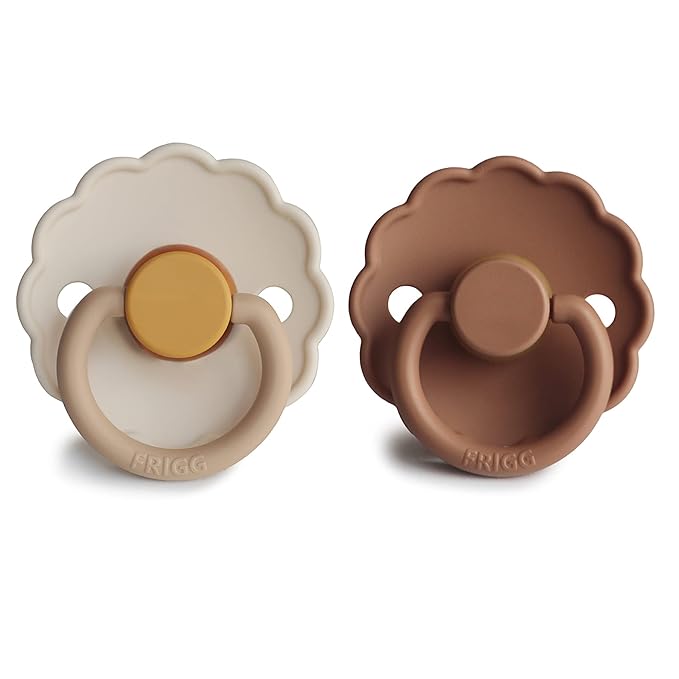 FRIGG Daisy Natural Rubber Baby Pacifier | Made in Denmark | BPA-Free (Chamomile/Peach Bronze, 0-6 Months) 2-Pack