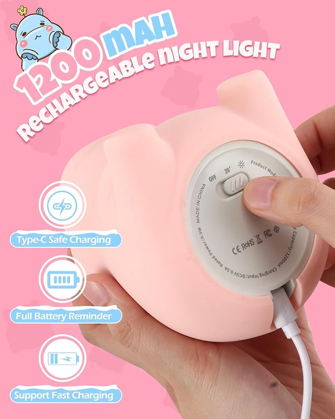 Cute Hippo Night Light, Animal Lamp, Food Grade Silicone, Rechargeable, 2 Level Dimmable, Squishy Nursery Nightlight for Desk Decor, Funny Gifts Stuff for Boys Girls Baby, White Elephant Gifts
