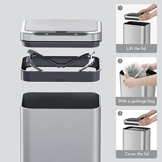 ELPHECO Stainless Steel Office Trash Can Motion Sensor Garbage Can Touchless Smart Trash Can Automatic Waste Bin for Kitchen, Office, Bathroom (Silver, 3.5 Gallons)