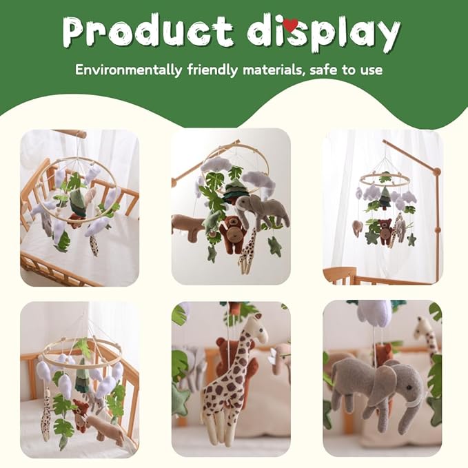 GOODMOM Forest Nursery Mobile – Handmade Crib Mobile with Bear, Giraffe and Elephant Perfect for Boys & Girls Design Sturdy Structure Easy Assembly and a Delightful (Forest Animal Kingdom)