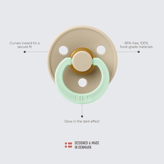 BIBS Pacifiers Colour Collection | Natural Rubber Baby Pacifier | Set of 2 BPA-Free Soothers | Made in Denmark | 18+ Months (Pack of 2) | Sage Night/Cloud Night