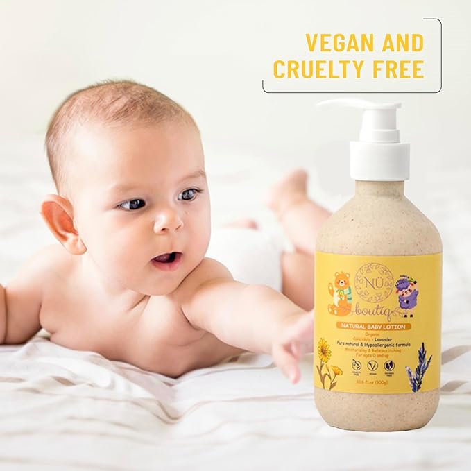 Organic Vegan Baby Lotion – Calendula & Lavender for Gentle Moisturizing Sleep-Time Moisture, Newborns & All Skin Types Eco-Friendly Biodegradable Bottle - 10.6 Fl Oz