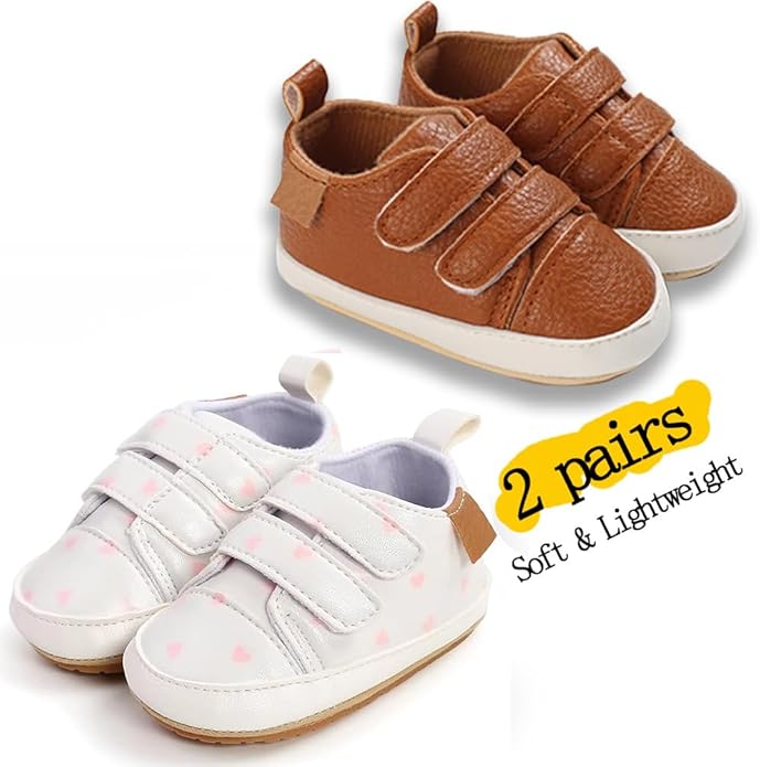 2Pairs Baby Shoes,Boys Girls Non-Slip Rubber Sole Sneakers,Unisex Infant Soft Lightweight First Walking Crib Shoes