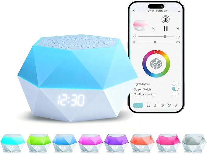 Sound Machine with Light, Portable Sleep White Noise Machine with 8 Colors Night Light, Mini Polygonal Geometric Design APP Control Alarm Clock with 32 Natural Soothing Sounds for Baby Kids Adults