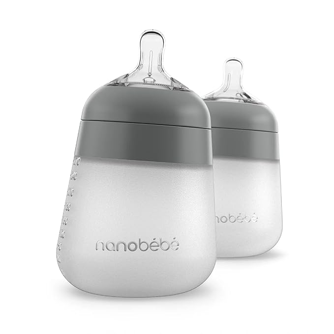 Nanobebe Flexy Silicone Baby Bottle, Anti-Colic, Natural Feel, Non-Collapsing Nipple, Non-Tip Stable Base, Easy to Clean 2-Pack, Grey, 9oz
