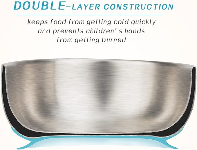 MR. CHOU Baby Bowls with Non-Slip Silicone Suction Cup, Insulated Double-Layer 304 Stainless Steel Toddler Bowls with BPA Free Airtight Lids, Food-Grade Silicone Safe for Kids (Blue)