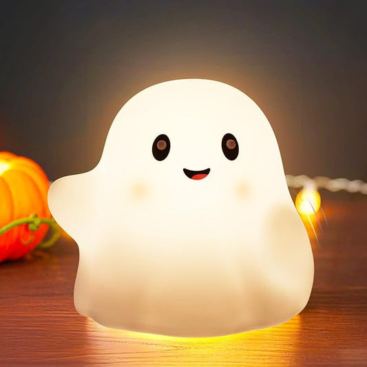 Ghost Night Light for Kids, Rechargeable Cute Night Lights with 1200mAh Battery and 19 Sounds/30 Min-Timer/3 Light Modes, 3000K Silicone Touch LED Night Lamp for Mom Bedroom Christmas Decor