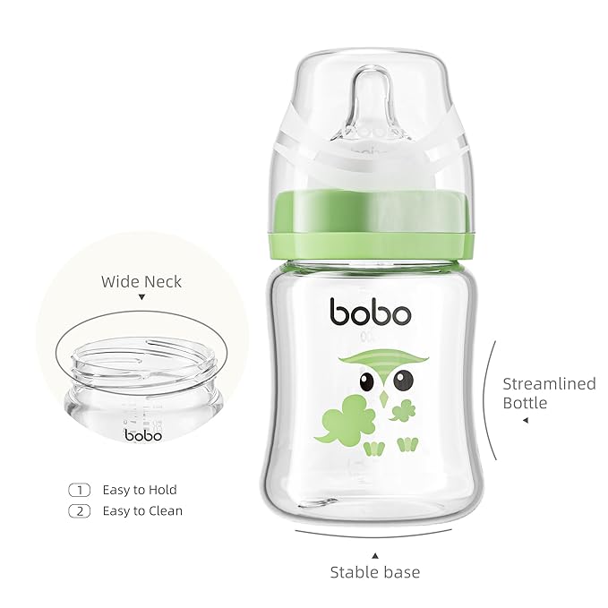 YOHKOH Glass Baby Bottles with Slow Flow Nipple, Newborn Anti-Colic Baby Bottles for 0+ Months, Wide Neck Feeding Bottle, Clear (Green, 5oz (Pack of 2))