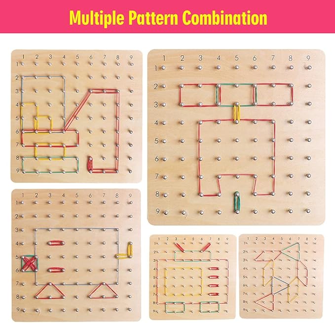 Skrtuan Wooden Geoboard with Pattern Cards & Rubber Bands, Montessori STEM Educational Toy for Kids 3-5 5-8 Years Old, Brain Teaser Puzzle Game for Geometry Learning and Creative Shapes
